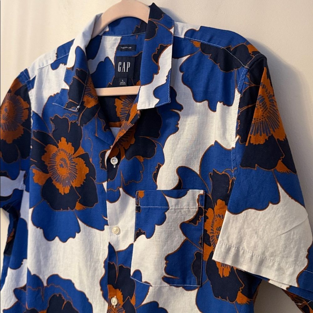 Gap Linen Blend Short Sleeve Button Down Shirt Men's L Blue Orange Floral Vacati - Picture 5 of 12